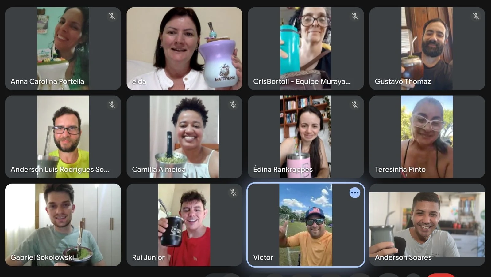 Participantes de uma Roda de Matte online, muitos deles mostrando suas cuias